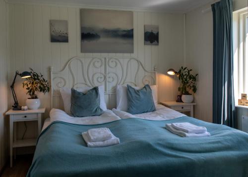 BjørkheimFjellhagen的一间卧室配有蓝色的床和毛巾