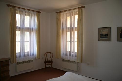 施滕贝克Penzion Na Kiosku的一间卧室设有两扇窗户和一把椅子