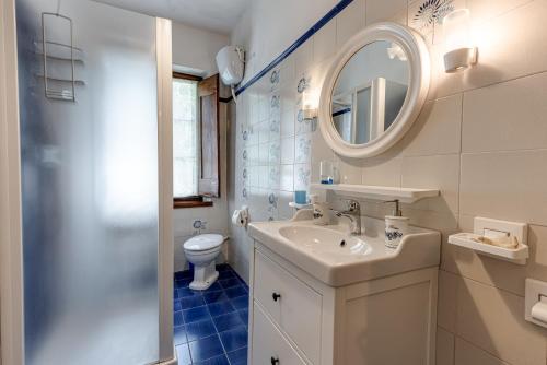 皮斯托亚Casale Il Ricavo的一间带水槽、卫生间和镜子的浴室