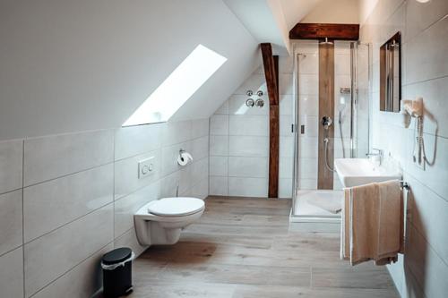 奥格斯堡Boardinghouse Victory的浴室配有卫生间、盥洗盆和淋浴。
