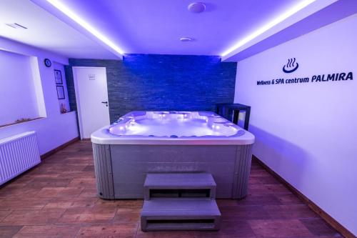 乌赫尔布罗德Hotel & SPA centrum PALMIRA的带有标志的房间的按摩浴缸
