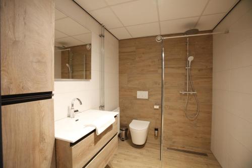 登海尔德Long Stay Den Helder的带淋浴、盥洗盆和卫生间的浴室