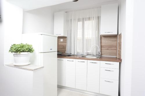 佩科霍里villa Maria的厨房配有白色橱柜和盆栽植物