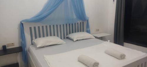 RiungSangrila Mentos Riung的一张带蓝色天蓬的白色床和两个枕头