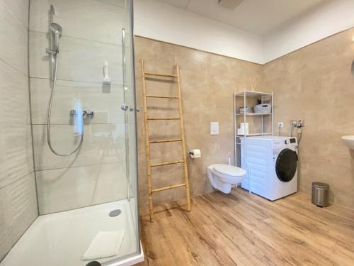 波茨坦Amaroo - Apartments Potsdam “Brandenburger Tor”的带淋浴、卫生间和盥洗盆的浴室