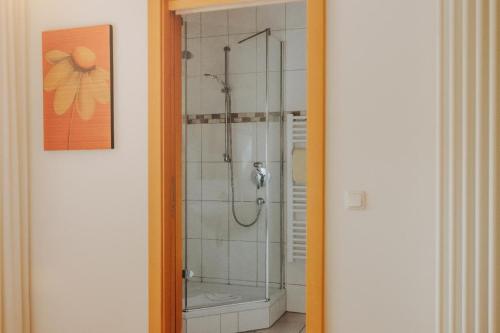 茨维泽尔Lindenhaus的浴室里设有玻璃门淋浴