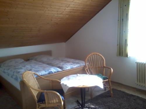 AlhausenPension Familie Schwarz GbR的一间卧室配有一张床、两把椅子和一张桌子