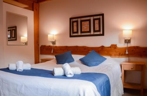 圣马丁德洛斯Apart Hotel del Pellin的卧室配有带蓝色枕头的大型白色床