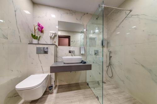 斯莫梁基帕丽斯阿尔法酒店的浴室配有卫生间、盥洗盆和淋浴。