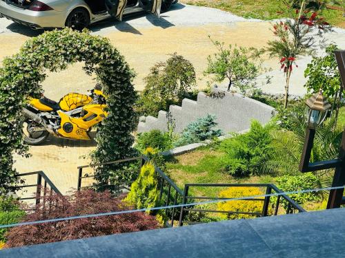 查克维Family Hotel Sunset的一辆黄色摩托车停在花园里