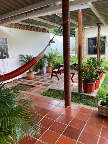 Pueblo BelloLa Casa de Luzma的庭院里种有盆栽植物,配有吊床