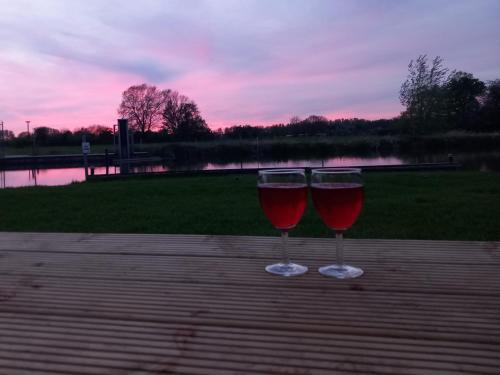 蒂尔Safari Lodge Aan de Linge的两杯红葡萄酒坐在湖边的桌子上