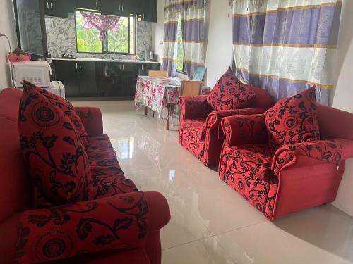 南迪Island Guesthouse - entire one bedroom unit with kitchen & a bathroom centrally located in Votualevu的客厅配有2把红色椅子和桌子