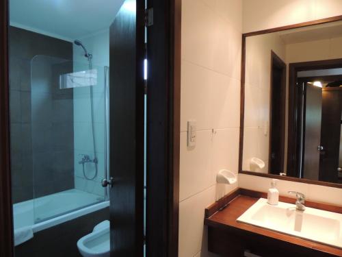 马德普拉塔克利彭山林小屋的一间带水槽、淋浴和镜子的浴室