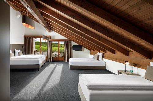 塞利斯贝格贝尔维尤酒店及自然别墅的一间卧室设有两张床和木制天花板