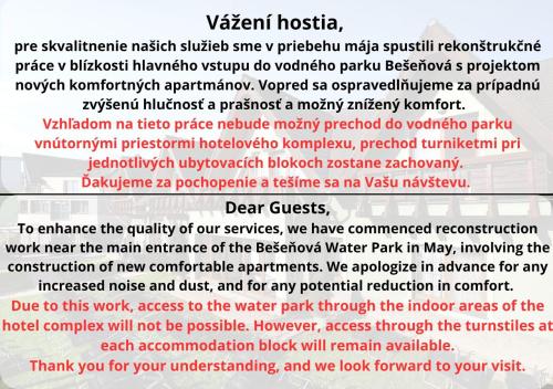 贝谢诺瓦Hotel Bešeňová的一份文件的页,附有疫苗接种手册的文本