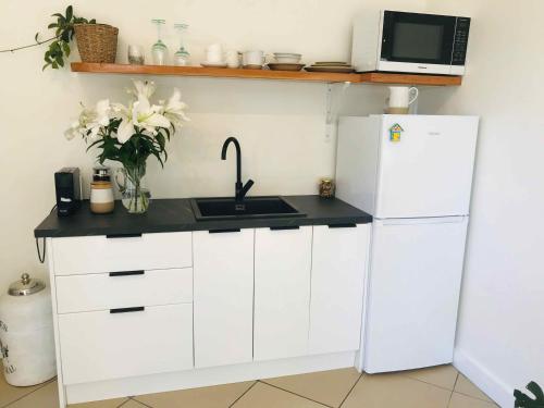 泰鲁阿Serendipity Adorable Tairua Studio的白色的厨房配有水槽和冰箱