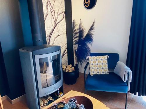 索尔布罗特Picture perfect Holiday Home in Sourbrodt with Garden BBQ的客厅设有壁炉和蓝椅