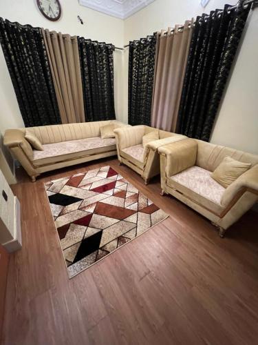 伊斯兰堡Luxury Family的客厅配有两张沙发和地毯。