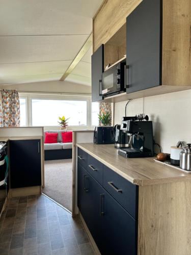 滨海克拉克顿6 Berth Caravan Holiday St Osyth Clacton-on-sea by Verb Holidays的厨房配有蓝色橱柜和台面