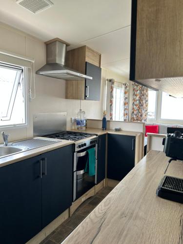 滨海克拉克顿6 Berth Caravan Holiday St Osyth Clacton-on-sea by Verb Holidays的厨房配有蓝色橱柜和炉灶烤箱。