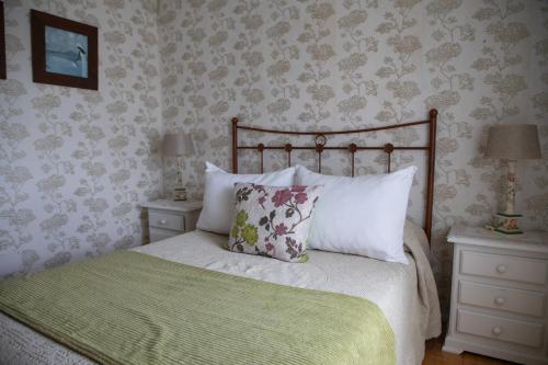 Rua De Francos圣马蒂诺度假屋的一间卧室配有一张带绿毯和枕头的床。