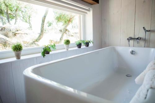 马里亚尔瓦卡萨斯科罗酒店的浴室设有白色浴缸,种植了盆栽植物