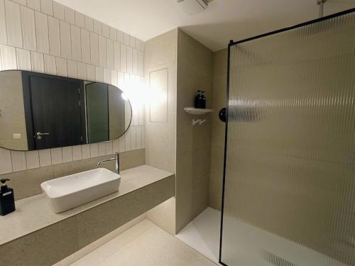 圣安东尼奥奥维公寓酒店的一间带水槽和镜子的浴室
