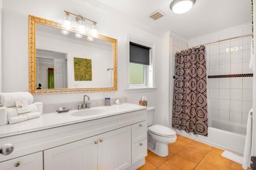 总督港菠萝牧场酒店的一间带水槽、卫生间和镜子的浴室