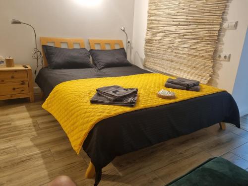 比斯特里察Ultracentral Garage studio的一间卧室配有一张黄色毯子床