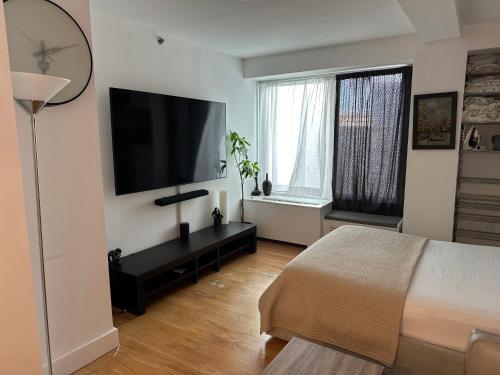 纽约Studio room的一间卧室配有一张床和一台平面电视
