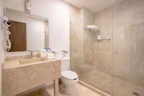 克雷塔罗Comfort Inn Queretaro Tecnologico的一间带卫生间和玻璃淋浴间的浴室