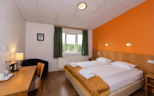 埃基斯蒂尔艾维恩达拉酒店的一间卧室配有一张床、一张书桌和一个窗户。