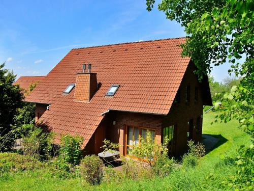 尼海姆Natur-Ferienpark的绿色田野上一座红色屋顶的房子