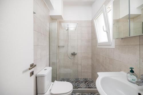 古维亚Lazaros apartments的带淋浴、卫生间和盥洗盆的浴室