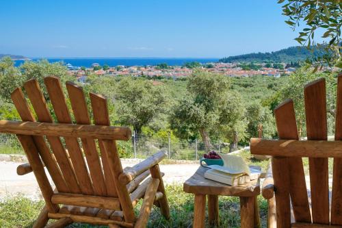 萨索斯Helicon Luxury Villas的两张木椅,坐在桌子旁,备有书籍
