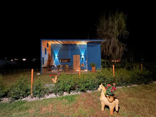 派帕Corinto Tiny House的前面有两匹假马的小蓝色房子