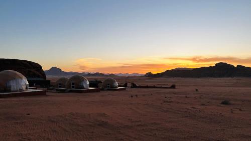 瓦迪拉姆wadi rum fox road camp & jeep tour的日落时分在沙漠中的一组帐篷