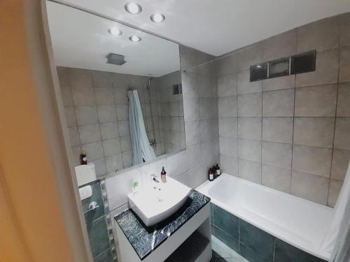 布宜诺斯艾利斯Turismo Aparts Urquiza的一间带水槽、浴缸和镜子的浴室