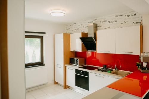 巴亚斯普列CABANA BERNER stațiunea Mogoșa的厨房配有红色和白色的橱柜和微波炉