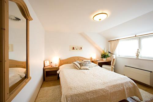 新锡德勒湖畔普巴赫Hotel & Restaurant Braunstein - Pauli´s Stuben的一间卧室配有一张床和镜子