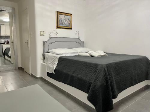 米克诺斯城米克诺斯城秘密据点乡村民宿的一间卧室配有一张带黑色毯子的床