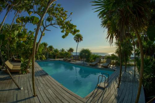 图卢姆图卢姆泊克娜酒店的一座棕榈树游泳池和一个木甲板