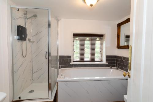 艾恩布里奇Coalbrookdale Villa的带浴缸和玻璃淋浴间的浴室。