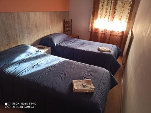 菲格拉斯Hostal Galicia的配有两张床的酒店客房,并备有托盘