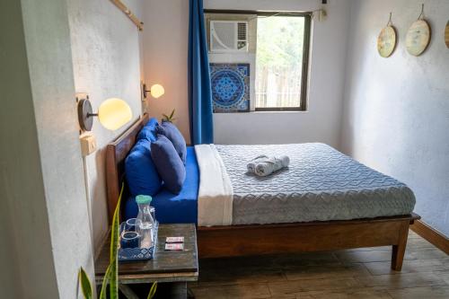 爱妮岛Island Lyfe Adventures的小卧室配有带蓝色枕头的床