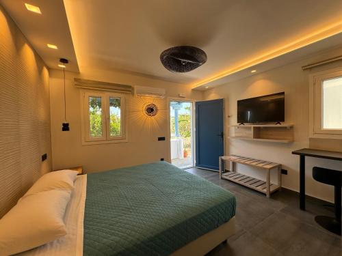 米克诺斯城Casa di Angela的一间卧室配有一张床和一台平面电视
