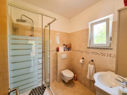 皮内兹齐Apartments & Room Danijel的带淋浴、卫生间和盥洗盆的浴室
