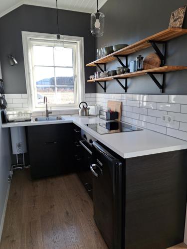 博尔加内斯Gíslaholt的厨房配有黑色橱柜、水槽和窗户。