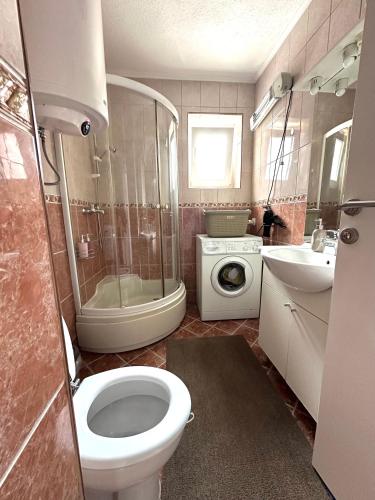拉克塔希Apartman Lara Laktasi的浴室配有卫生间、盥洗盆和洗衣机。
